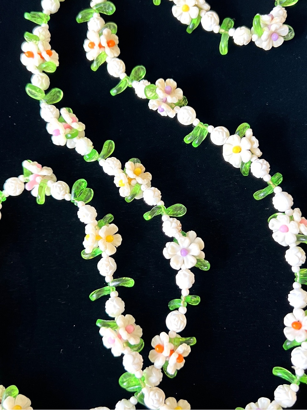 Long Vintage Hong Kong Plastic Floral Bead Necklace Mid Century